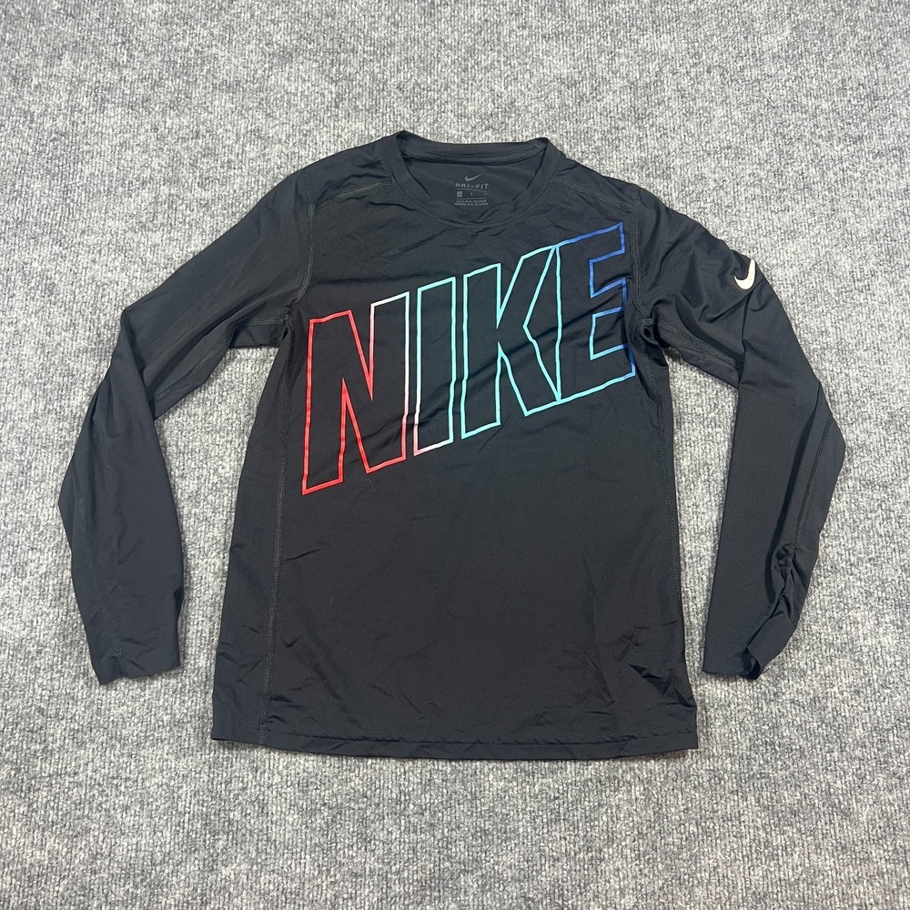Nike Dri Fit Legend T Shirt Kids Large Black Spellout Logo Stretch Crew Neck